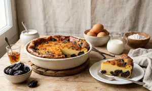 Un délicieux far breton aux pruneaux, avec ses ingrédients : œufs, lait, farine, sucre, pruneaux et une touche d'alcool.