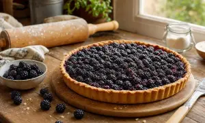 Une délicieuse tarte mûres, garnie de fruits frais, est prête à être dégustée. Un rouleau à pâtisserie et un bol de mûres complètent la scène.