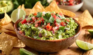 Un bol de guacamole traditionnel, garni de tomates et coriandre, entouré de chips tortilla et de quartiers de lime. Parfait pour une recette facile.