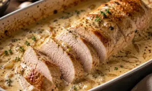 Filet mignon au four, tendre et juteux, baignant dans une sauce crémeuse aux herbes. Un délice pour les papilles.