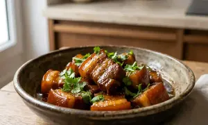 Un plat appétissant de porc au caramel, garni de coriandre fraîche, prêt à être dégusté.