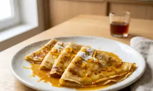 Crêpes Suzette dorées, nappées d'une sauce orange caramélisée et saupoudrées de sucre glace. Une recette crêpe suzette Mercotte pour un dessert gourmand.
