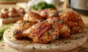 Délicieuses cuisses de poulet croustillantes, préparées à l'air fryer, garnies d'herbes fraîches sur une planche en bois.
