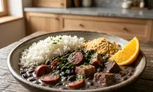 Un plat de feijoada brésilienne, avec riz blanc, haricots noirs, saucisses, viande, farofa et une tranche d'orange.