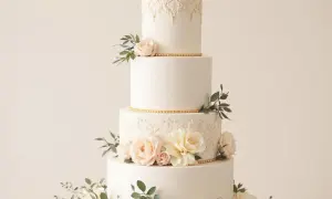 Magnifique gâteau des mariés à quatre étages, orné de dentelle dorée, de roses pâles et de feuillage.