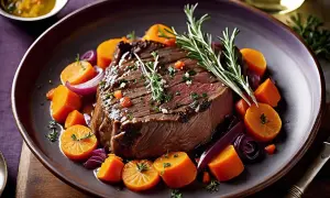 Un plat de daube de boeuf savoureux, garni de carottes, d'oignons rouges et de romarin frais.