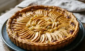 Tarte normande aux pommes et raisins, dorée et appétissante, prête à être dégustée.