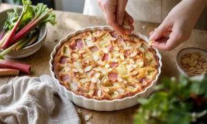Un clafoutis rhubarbe aux amandes effilées, garni par des mains expertes, prêt à être dégusté.