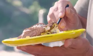 Une cuillère prélève une bouchée d'un tiramisu Laurent Mariotte, saupoudré de cacao, sur une assiette jaune vif.