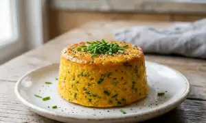 Un délicieux flan de carottes, garni de ciboulette fraîche et de poivre noir, sur une assiette blanche.