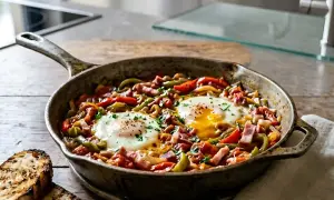 Poêlée de poivrons, tomates et œufs pochés, une délicieuse piperade recette, garnie de persil frais.