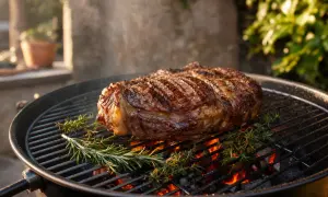 Un gros morceau de côte de bœuf, prêt pour une marinade, grille sur un barbecue avec du romarin.