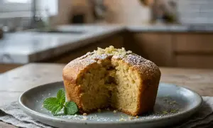 Un délicieux gâteau au gingembre, saupoudré de sucre glace et garni de miettes croustillantes et d'une touche de menthe fraîche.