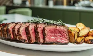 Une succulente entrecôte au four, tranchée et garnie de romarin, accompagnée de pommes de terre rôties sur une assiette blanche.