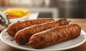 Trois andouillettes dorées et appétissantes, cuites à la perfection dans un air fryer, sur une assiette blanche.