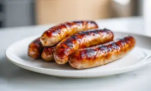 Saucisses dorées et juteuses, parfaitement cuites à l'air fryer, sur une assiette blanche. Un délice croustillant !