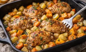 Délicieux poulet rôti avec pommes de terre et carottes, une recette one pot au four parfaite pour un repas simple et savoureux.