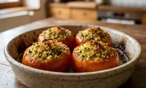 Quatre tomates à la provençale à la poêle, garnies d'une chapelure dorée et d'herbes fraîches, dans un plat en céramique.