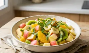 Un bol généreux de salade de fruits colorée, garnie de menthe fraîche. Pommes, kiwis, bananes et oranges se mélangent pour un délice rafraîchissant.