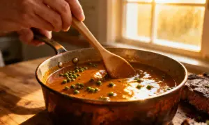 Une main remue une sauce onctueuse aux grains de poivre vert dans une poêle en cuivre, prête à napper une bavette de bœuf.