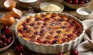 Un clafoutis aux cerises moelleux et léger, doré et parsemé de sucre glace, prêt à être dégusté.