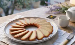Un plateau de langues de chat dorées disposées en cercle, prêtes à être dégustées avec une tasse de thé.