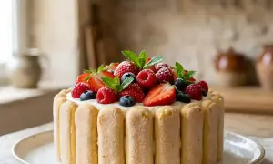 Délicieuse charlotte aux fruits, garnie de fraises, framboises et myrtilles fraîches, entourée de biscuits à la cuillère.