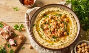 Un bol de houmous crémeux, garni de pois chiches, persil et paprika. Une recette maison facile, avec ail et pois chiches à côté.