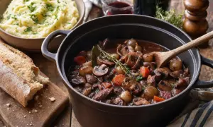 Un réconfortant bourguignon de champignons mijote dans une cocotte, accompagné de purée et d'une baguette croustillante.