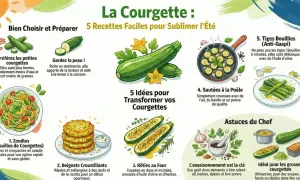 Illustration montrant diverses méthodes de cuisson des courgettes : en zoodles, beignets, rôties, sautées, et les tiges bouillies.