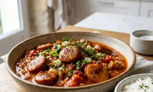 Un plat de rougail saucisse savoureux, garni d'herbes fraîches et d'oignons verts, servi dans un bol rustique.