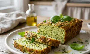 Une tranche de terrine de courgettes facile et délicieuse, garnie de basilic frais, sur une assiette.