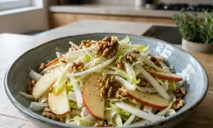 Salade croquante d'endives, noix et pommes, assaisonnée de poivre noir. Un délice frais et simple.
