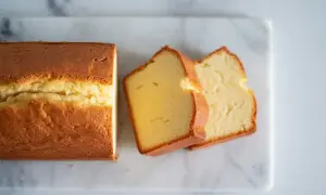 Un délicieux quatre-quarts doré, coupé en tranches sur une planche de marbre.