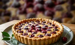 Tarte aux cerises à l'ancienne, garnie de fruits rouges brillants et saupoudrée de sucre glace. Une gourmandise réconfortante.
