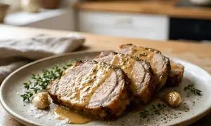 Tranches de rôti de porc au lait de grand-mère, nappées d'une sauce onctueuse, garnies de thym et d'ail rôti. Un délice réconfortant.