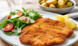 Escalope milanaise dorée et croustillante, servie avec une salade fraîche de roquette, tomates cerises et copeaux de parmesan. Une recette simple et savoureuse.