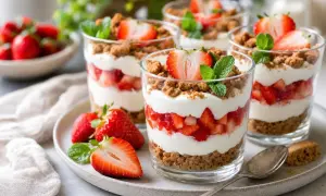 Délicieux dessert fraise en couches : fruits rouges, crème onctueuse et crumble croustillant, garni d'une fraise fraîche et d'une feuille de menthe.