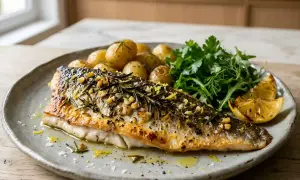 Un délicieux bar rôti, garni de romarin et de noix, servi avec des pommes de terre nouvelles et une salade verte. La cuisson du bar est parfaite.