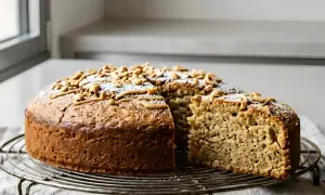 Gâteau moelleux au beurre de cacahuète, garni de cacahuètes et d'un filet de glaçage. Une part a été coupée, révélant sa texture riche.