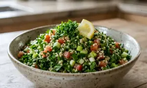 Un bol de taboulé maison frais et coloré, garni d'une tranche de citron.