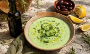 Un délicieux velouté de concombre, garni de fines tranches de concombre et d'aneth frais, avec des quartiers de citron et des olives à proximité.