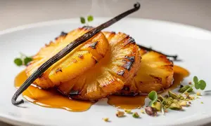 Tranches d'ananas rôti caramélisées, nappées d'un sirop ambré, garnies d'une gousse de vanille et de pistaches concassées.