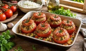 Tomates farcies laurent mariotte, garnies de riz et d'herbes, dans un plat avec des légumes.
