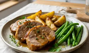 Tranches de tendron de veau nappées de sauce, accompagnées de pommes de terre rôties et haricots verts. Une recette savoureuse.