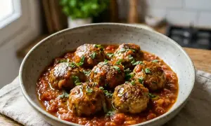 Un plat réconfortant de boulettes de viande dans une sauce tomate savoureuse, garni de persil frais. Une recette de boulette de viande qui fait saliver.