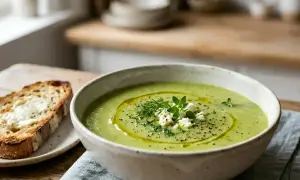 Soupe courgette crémeuse, garnie d'herbes fraîches et de fromage émietté, servie avec une tranche de pain grillé. Un délice qui rappelle la douceur de la Vache qui rit.