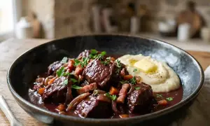 Un plat de civet de chevreuil recette grand chef, servi avec une purée onctueuse et garni d'herbes fraîches.