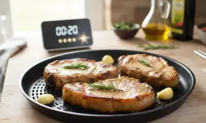 Trois belles côtes de porc dorées, garnies de romarin, prêtes à être dégustées. La cuisson à l'airfryer a rendu ces côtes de porc parfaites.