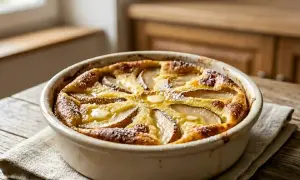 Un délicieux clafoutis aux poires, doré et saupoudré de sucre glace, prêt à être dégusté.